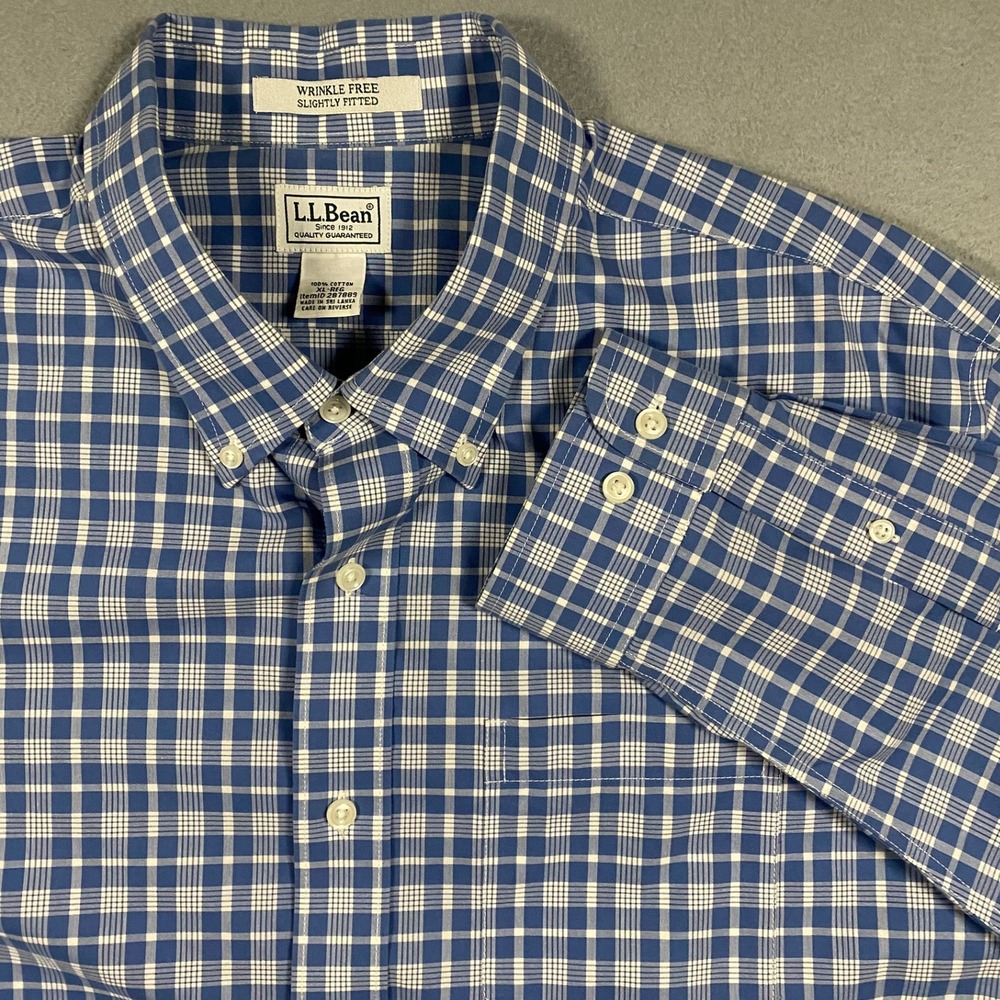 LL Bean Mens XL Blue White Plaid Wrinkle Free Slightly Fitted Button Down Shirt
